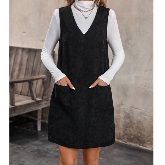 Solid Corduroy Pockets V neck Mini Dress - Picture 4 of 9